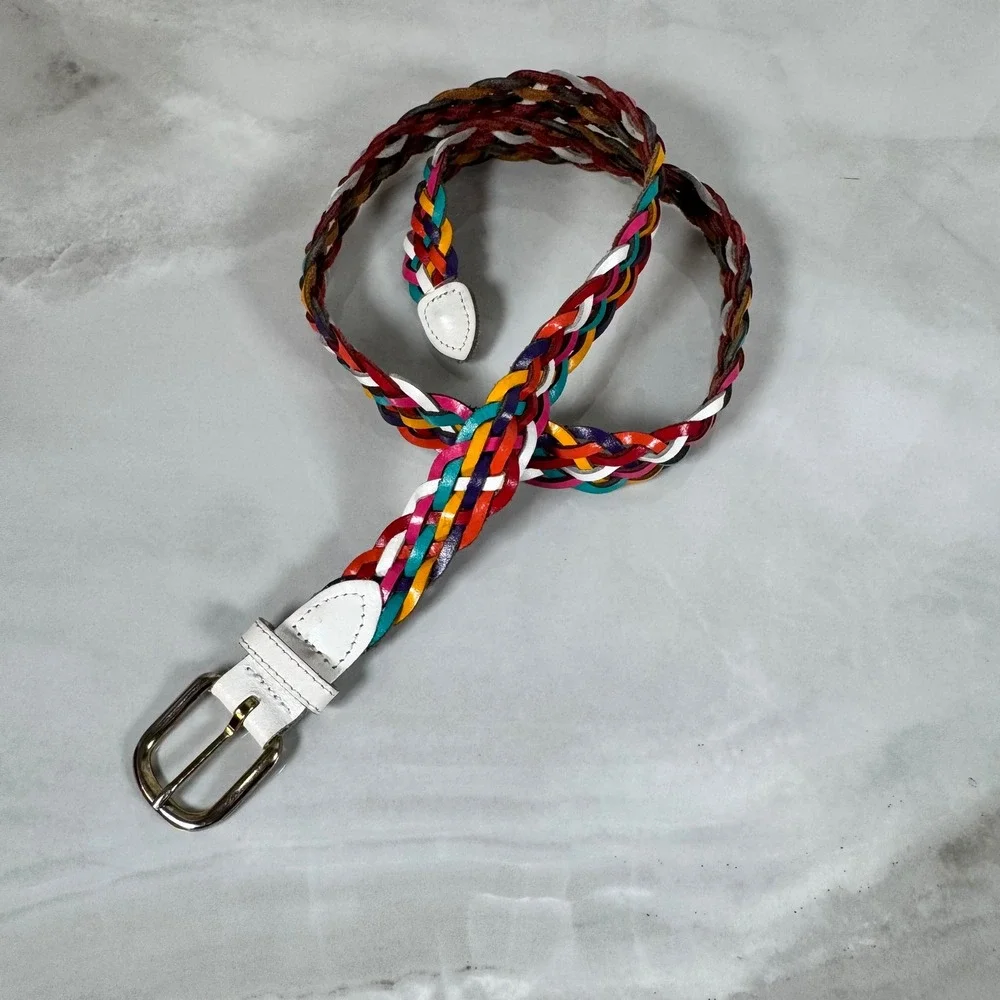 Vintage 90s  Braided Leather Belt‎ Colorful Rainbow Size M/L Made in Guatemala
